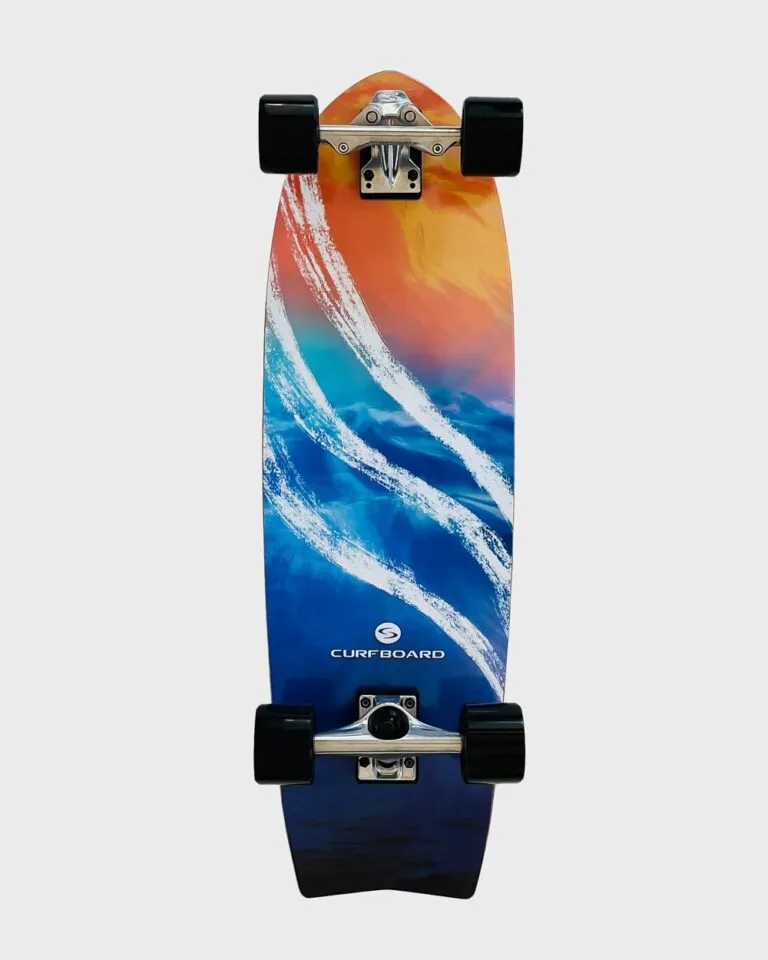 Curfboard surfskate: Fish Pro, Dawn Patrol 31.1" Maintenance-free Curfboard front truck with the unique no-springs, no-bushings mechanism. Standard rear truck.